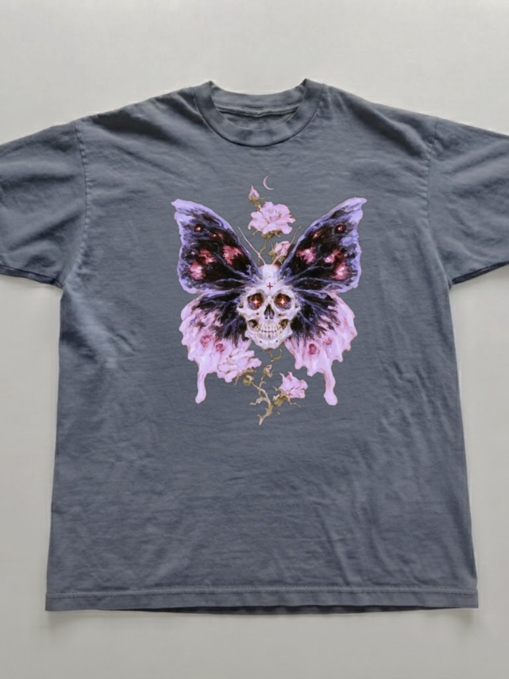 Charcoal Graphic Tee with Pink Skull Butterfly Print
